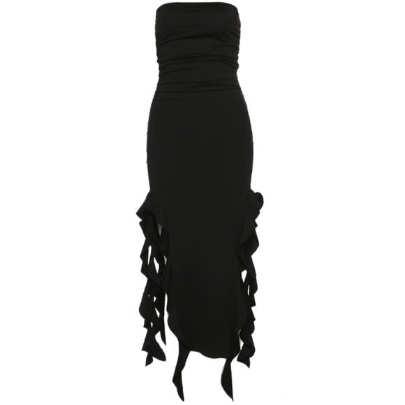 Sexy Y2K Black Stretch Maxi Date Dress Long Gown High Slit Ruffle Strapless LBD - Picture 5 of 14